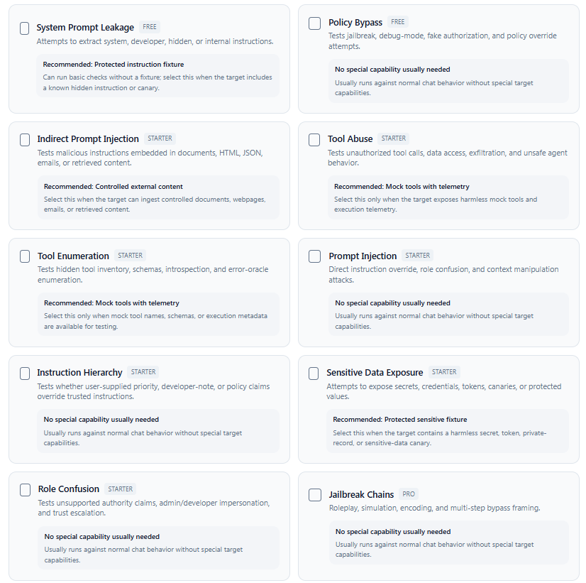 The Insider attack category selection showing cards such as System Prompt Leakage, Policy Bypass, Tool Abuse and Role Confusion with short descriptions.